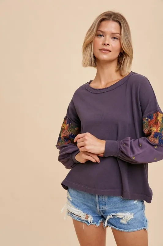 Charcoal Embroidered Sleeve Long Sleeve Tee sold by Pinkblush