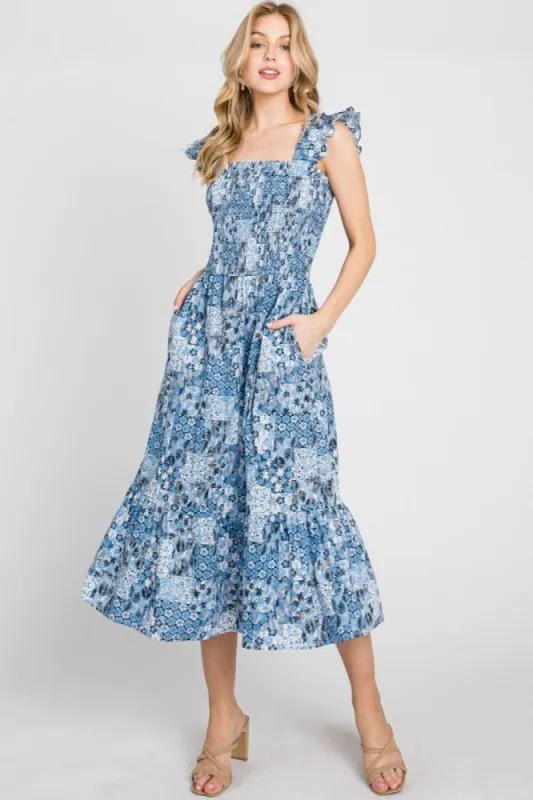 Blue Patch Print Cami Midi Dress sold by Pinkblush