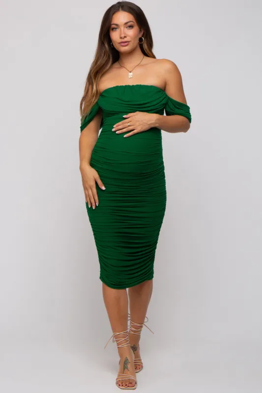 Forest Green Ruched Off Shoulder Maternity Dress sold by Pinkblush