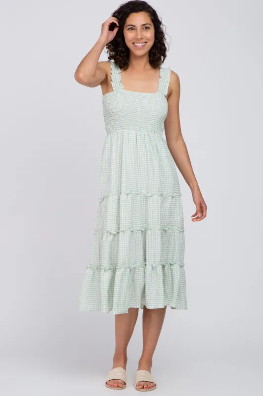 Mint Green Gingham Smocked Tiered Midi Dress sold by Pinkblush