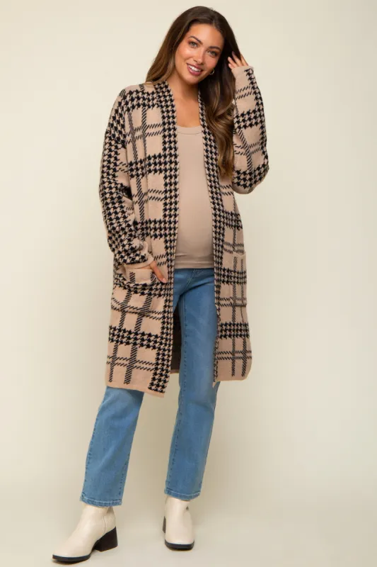 Mocha Houndstooth Long Maternity Cardigan sold by Pinkblush