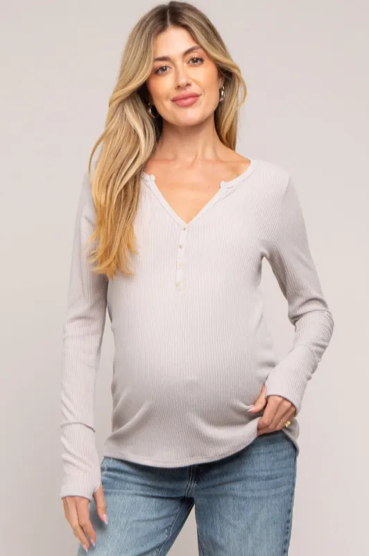 Taupe Rib Knit Button Accent Maternity Long Sleeve Top sold by Pinkblush
