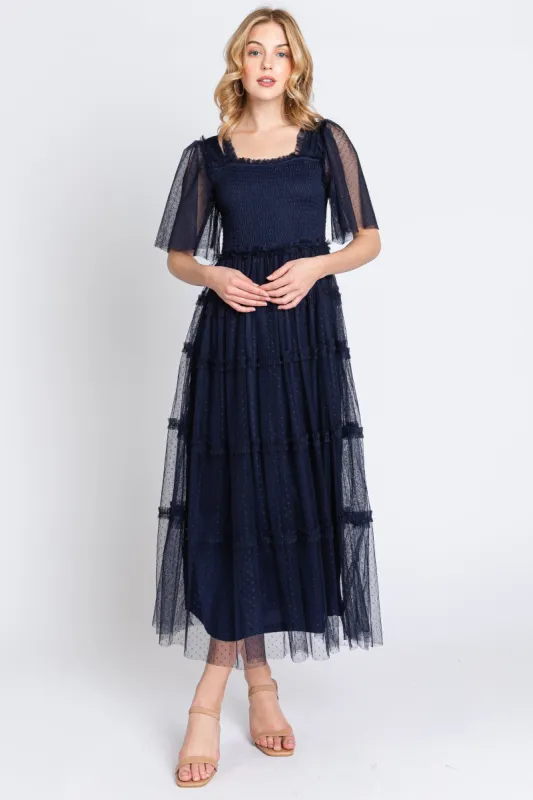 Navy Ruffled Mesh Maxi Dress sold by Pinkblush