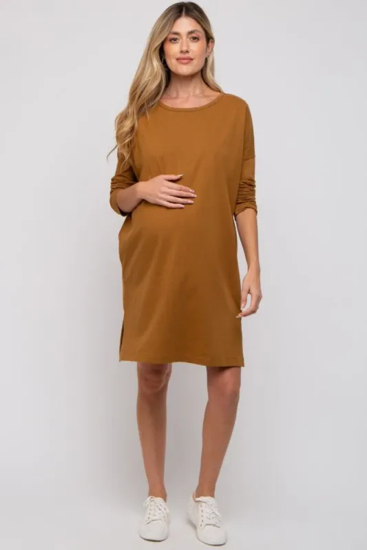 Brown Long Sleeve Maternity Shirt Dress sold by Pinkblush