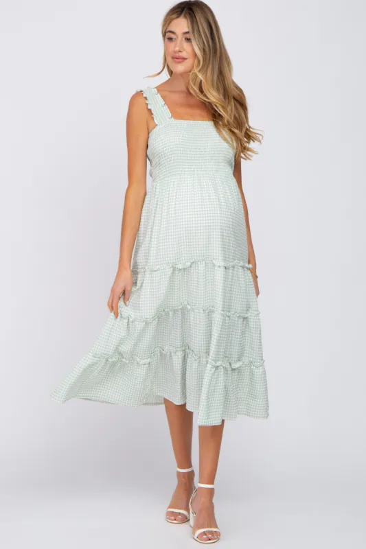 Mint Green Gingham Smocked Tiered Maternity Midi Dress sold by Pinkblush