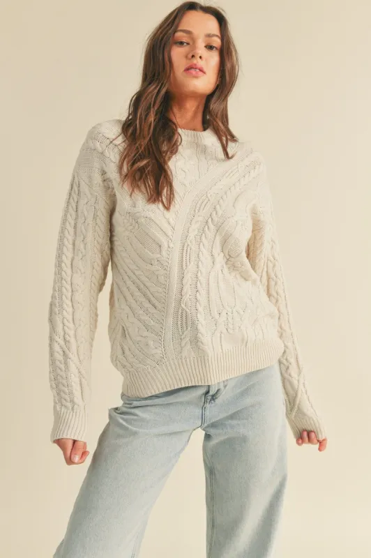 Ivory Chunky Cable Knit Crew Neck Sweater sold by Pinkblush