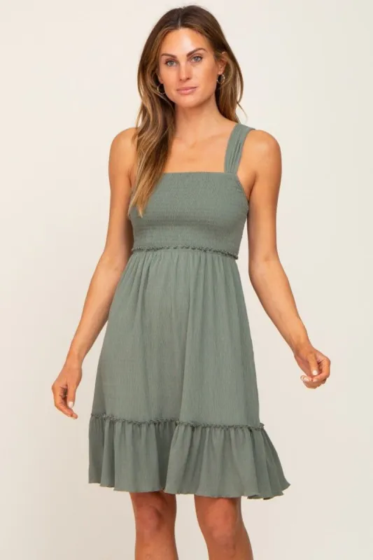 Olive Smocked Sleeveless Crepe Dress sold by Pinkblush