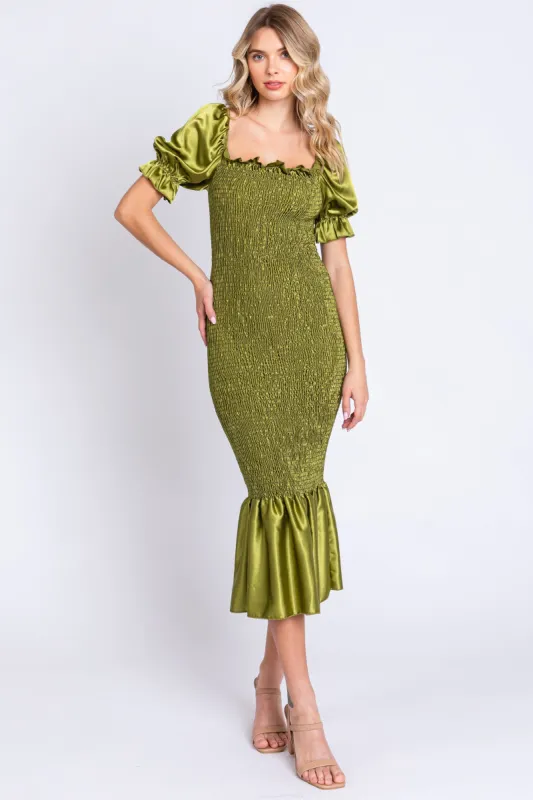 Lime Smocked Satin Midi Dress sold by Pinkblush