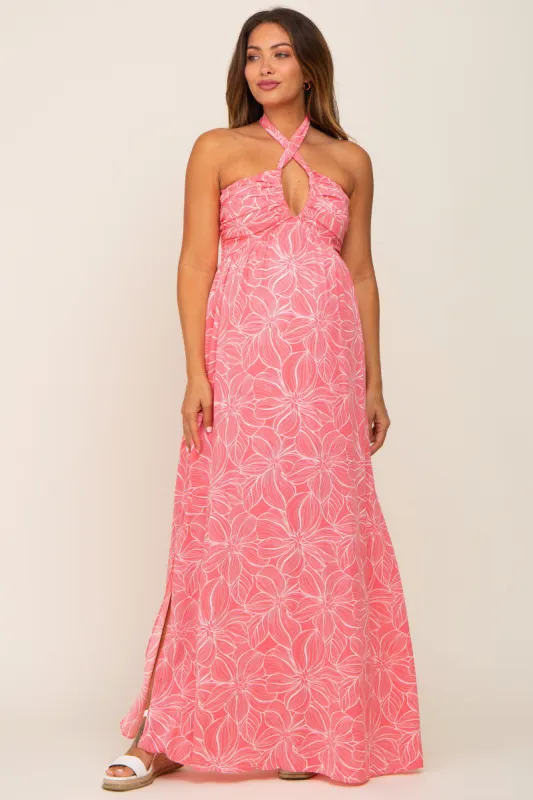 Coral Floral Halter Neck Maternity Maxi Dress sold by Pinkblush