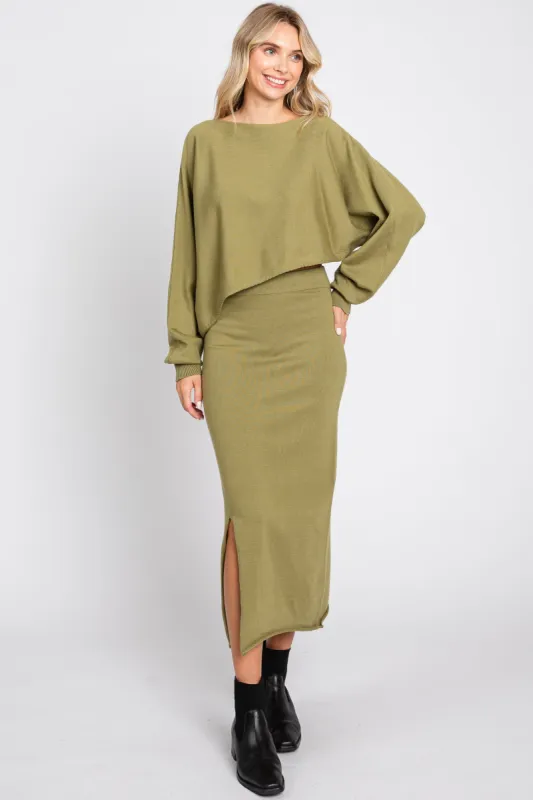 Olive Knit Long Sleeve Crop Top Midi Skirt Set sold by Pinkblush