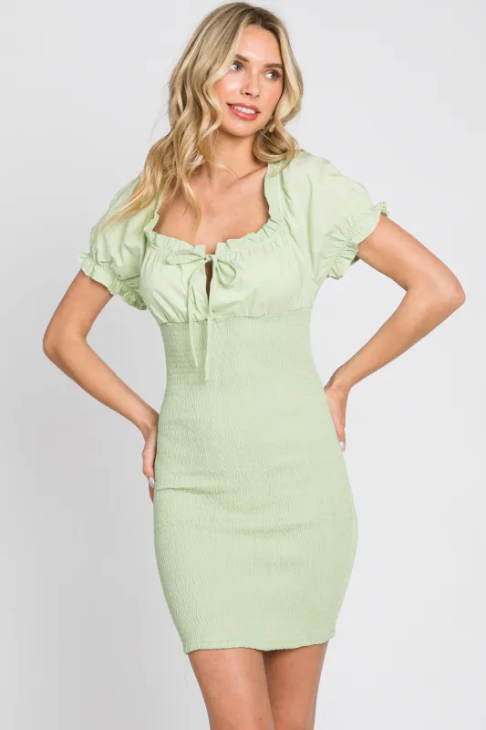 Mint Green Off-Shoulder Smocked Front Tie Fitted Dress sold by Pinkblush