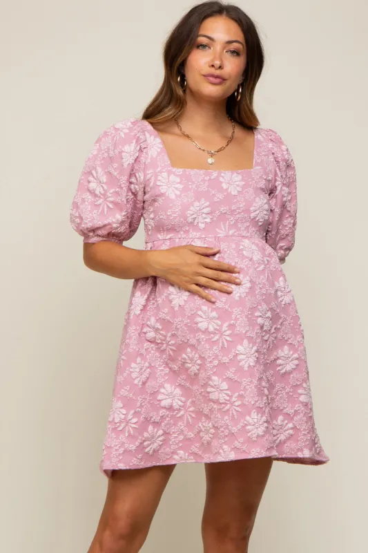 Pink Floral Textured Square Neck Maternity Babydoll Dress sold by Pinkblush