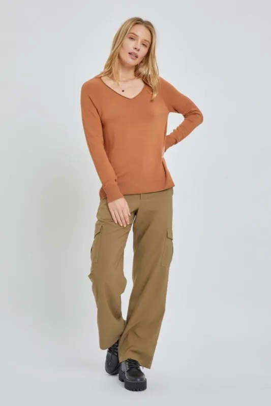 Camel Fine Knit V-Neck Side Slit Top sold by Pinkblush