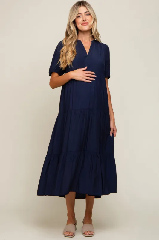 Navy Tiered V-Neck Maternity Midi Dress sold by Pinkblush