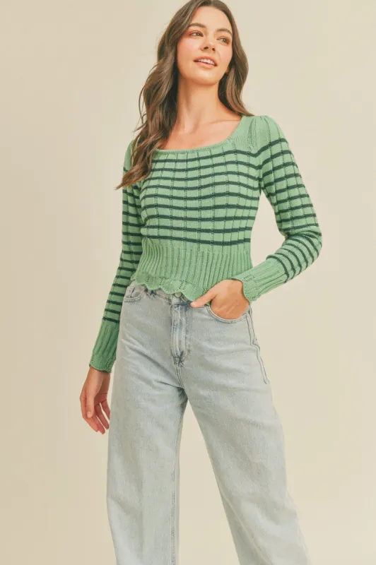 Emerald Striped Sweater With Scalloped Pointelle Hem sold by Pinkblush