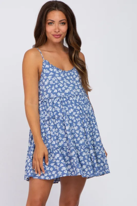 Blue Floral Sleeveless Tiered Maternity Mini Dress sold by Pinkblush
