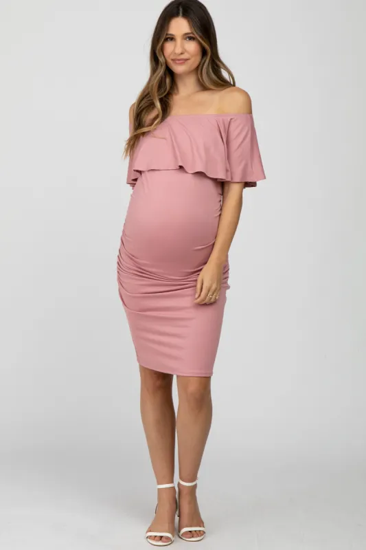 Mauve Off Shoulder Fitted Maternity Dress sold by Pinkblush
