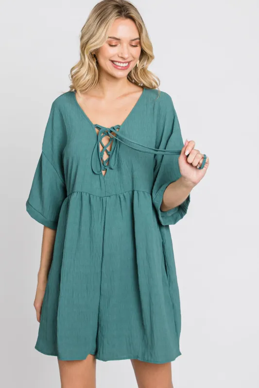 Teal Lace Up Romper sold by Pinkblush