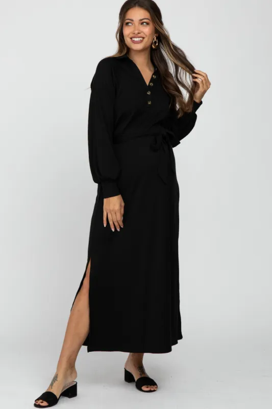 Black Button Accent Collared Maternity Maxi Dress sold by Pinkblush