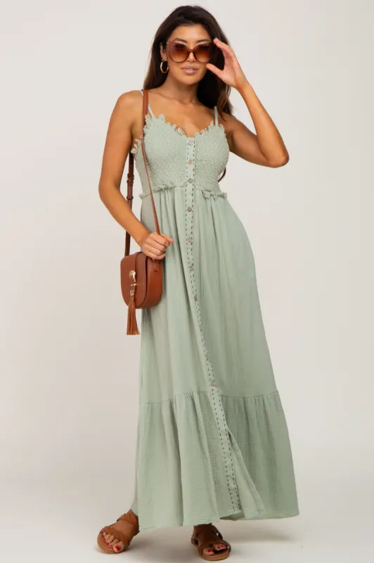 Light Olive Smoked Button Front Maxi Dress sold by Pinkblush
