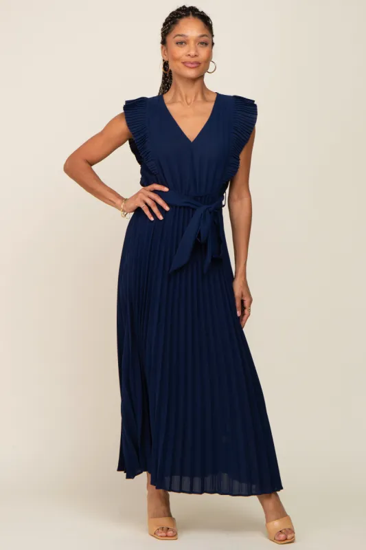 Navy Pleated Waist Tie Maxi Dress sold by Pinkblush