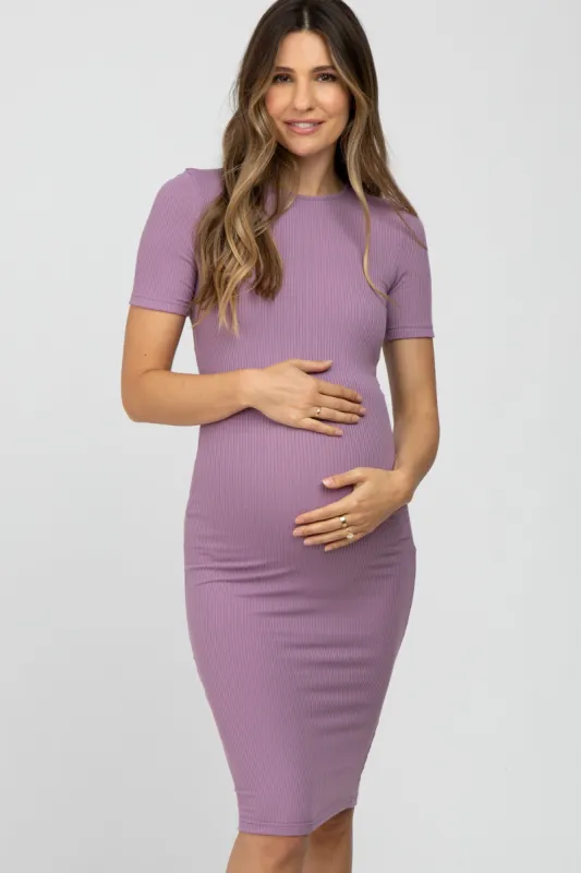 Lavender Ribbed Short Sleeve Fitted Maternity Dress sold by Pinkblush