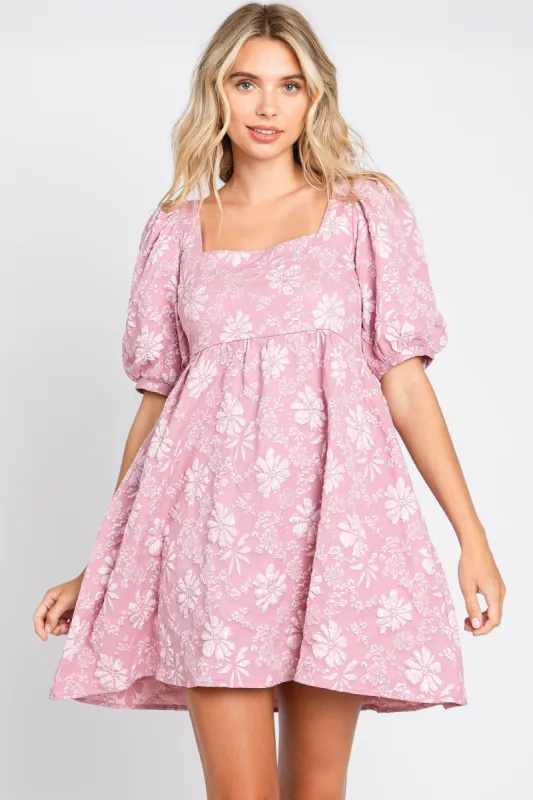 Pink Floral Textured Square Neck Babydoll Dress sold by Pinkblush