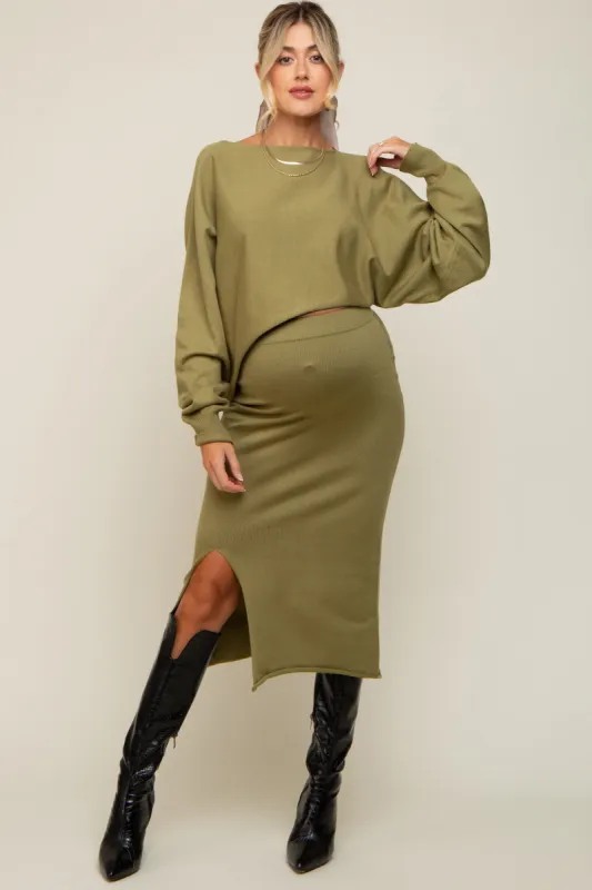 Olive Knit Long Sleeve Crop Top Maternity Midi Skirt Set sold by Pinkblush