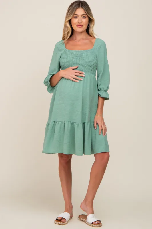 Light Olive Smocked Ruffle Maternity Dress sold by Pinkblush