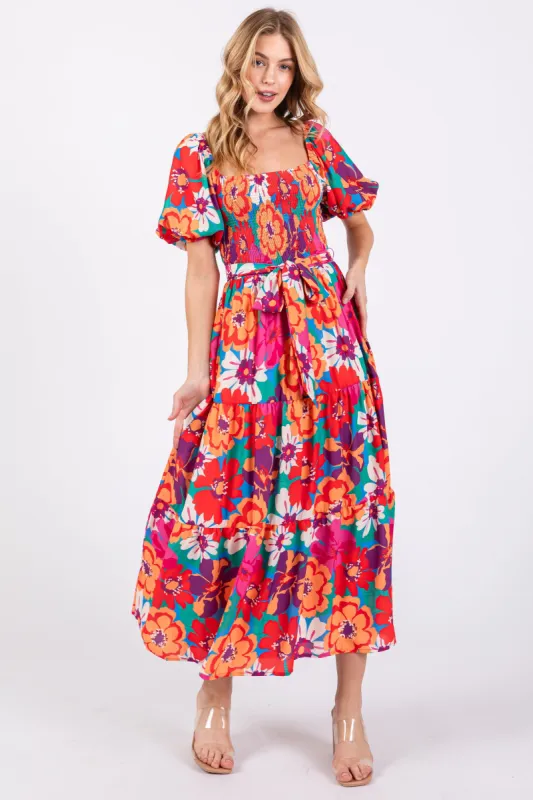 Red Floral Square Neck Smocked Tiered Midi Dress sold by Pinkblush