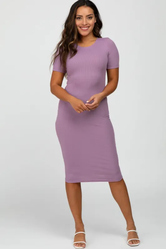 Lavender Ribbed Short Sleeve Fitted Dress sold by Pinkblush