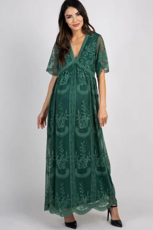 Teal Green Lace Mesh Overlay Maternity Maxi Dress sold by Pinkblush