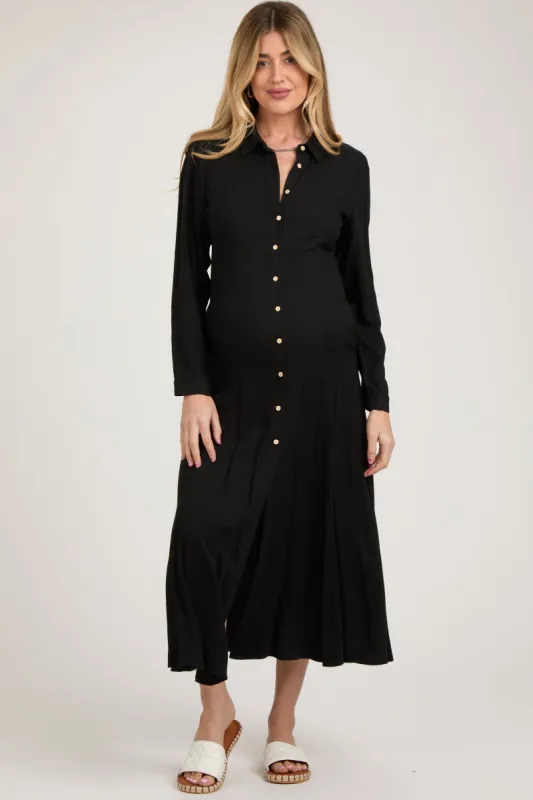 Black Collared Button Down Long Sleeve Maternity Maxi Dress sold by Pinkblush