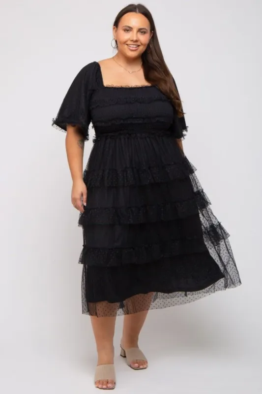 Black Swiss Dot Smocked Tiered Plus Midi Dress sold by Pinkblush