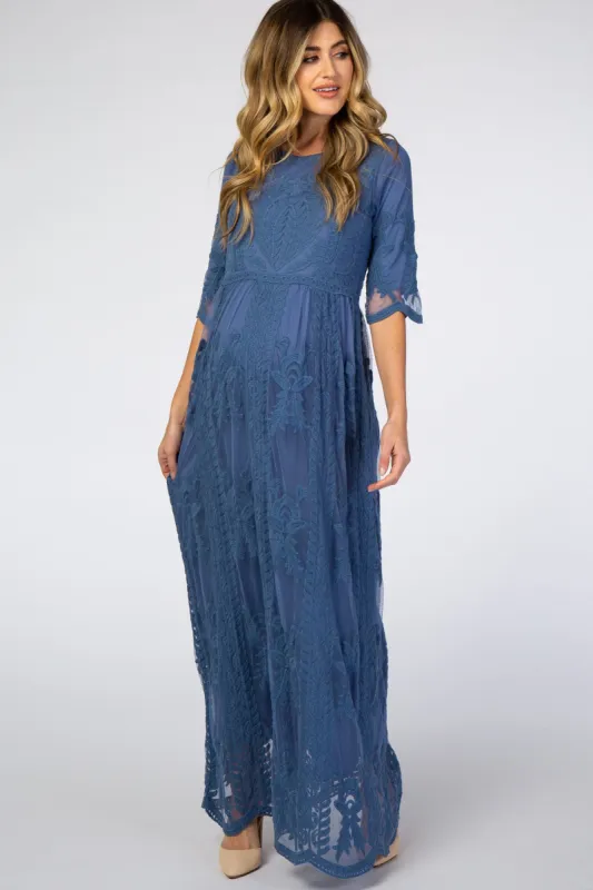 Blue Crochet Overlay Maternity Maxi Dress sold by Pinkblush