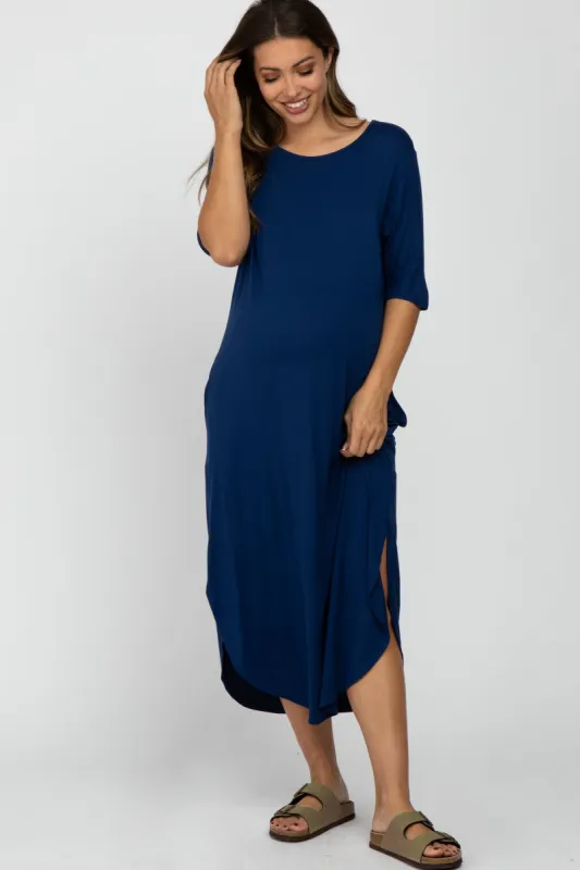 Navy Blue Round Hem Short Sleeve Maternity Midi Dress sold by Pinkblush