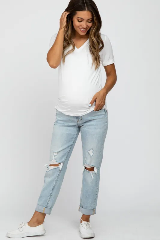 Light Blue Distressed Cuffed Hem Maternity Jeans sold by Pinkblush