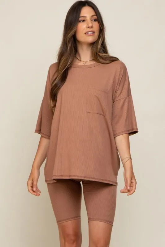 Camel Ribbed Biker Short Maternity Sleep Set sold by Pinkblush