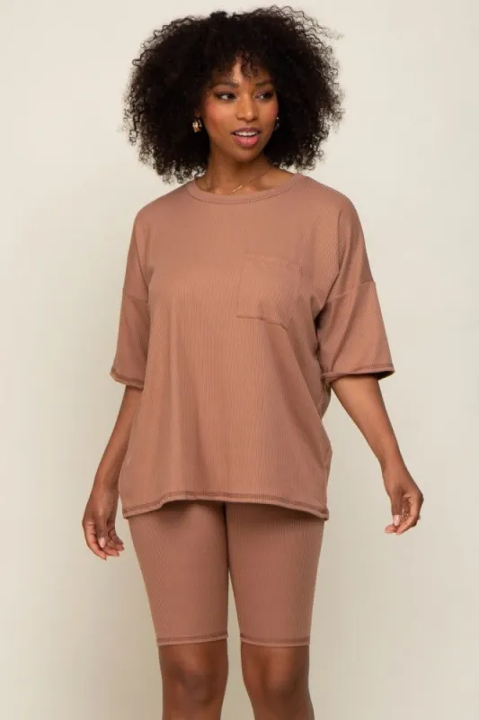 Camel Ribbed Biker Short Sleep Set sold by Pinkblush