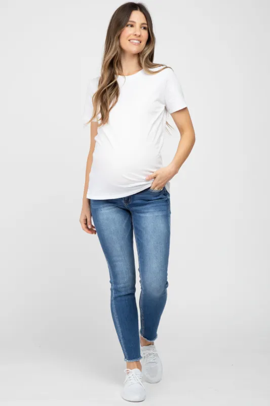 Blue Raw Hem Maternity Skinny Jeans sold by Pinkblush