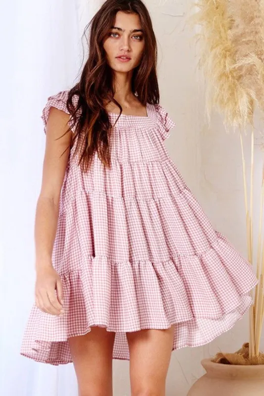 Mauve Gingham Print Tiered Babydoll Mini Dress sold by Pinkblush
