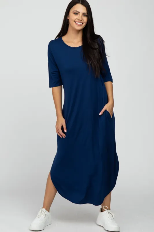 Navy Blue Round Hem Short Sleeve Midi Dress sold by Pinkblush