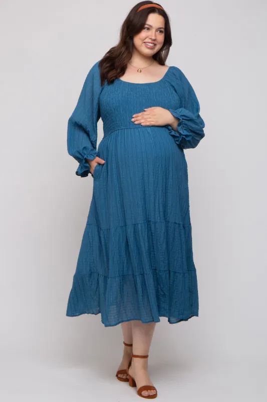 Blue Textured Stripe Smocked Square Neck Maternity Plus Midi Dress sold by Pinkblush