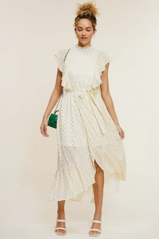 Cream Foil Printed Chiffon Ruffle Sleeve Midi Dress sold by Pinkblush