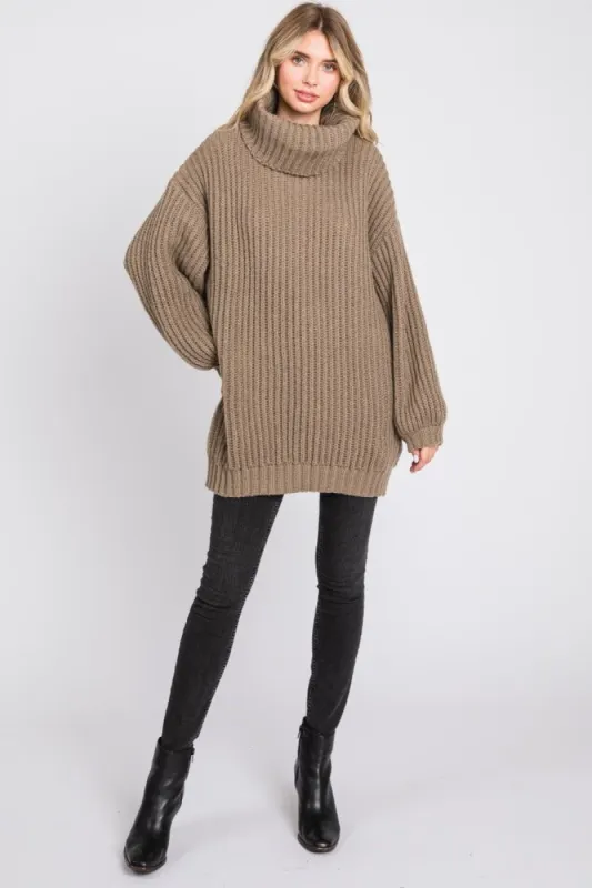 Mocha Turtleneck Puff Sleeve Sweater Dress sold by Pinkblush