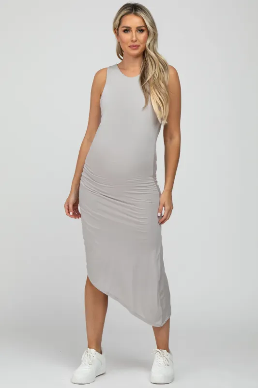 Grey Ruched Side Asymmetrical Maternity Midi Dress sold by Pinkblush
