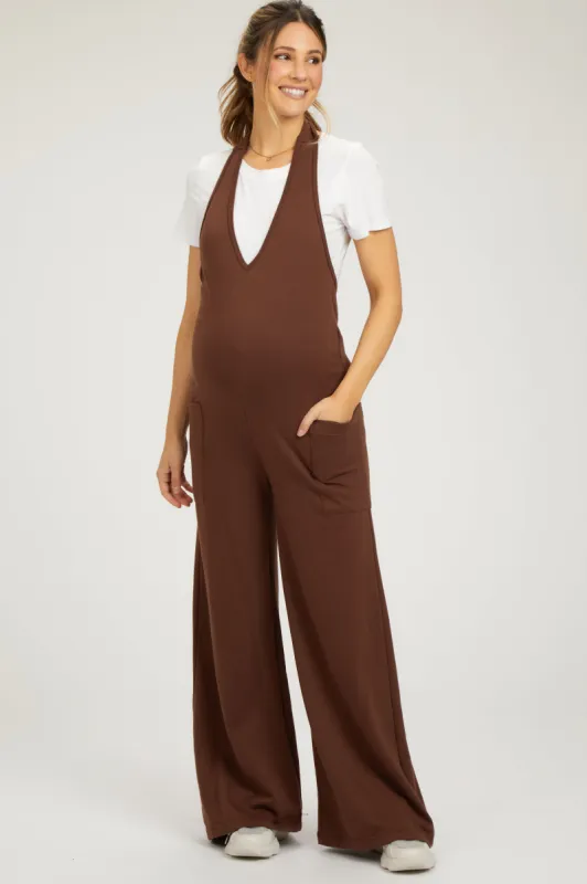 Brown Halter Front Pocket Knit Maternity Jumpsuit sold by Pinkblush