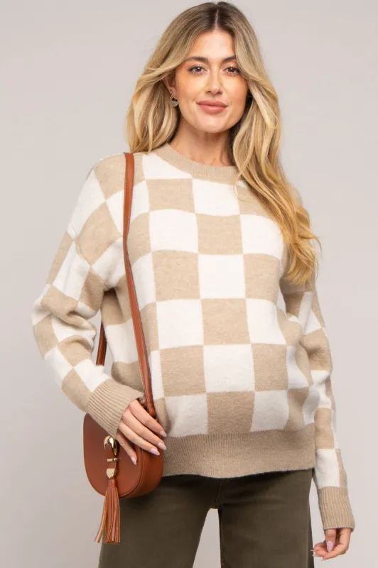 Taupe Checkered Print Maternity Sweater sold by Pinkblush
