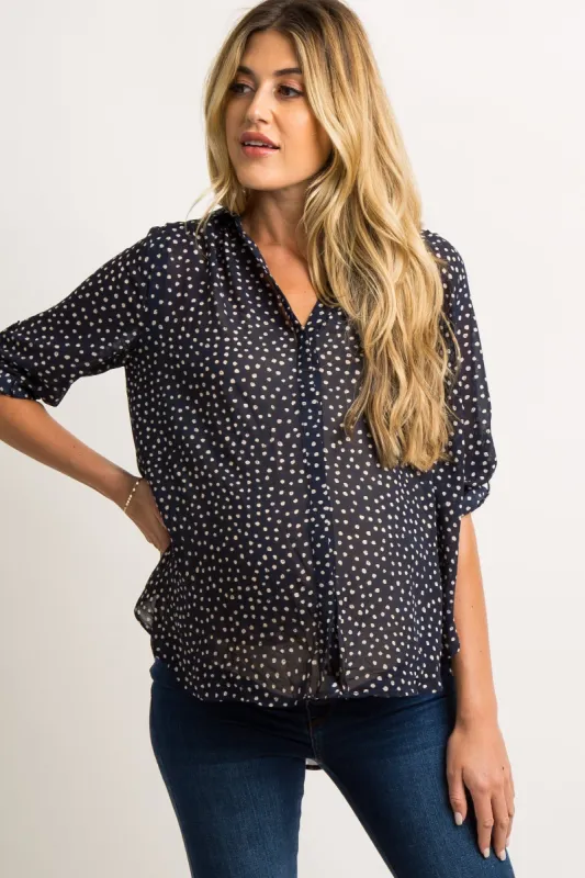 Navy Blue Polka Dot Chiffon Maternity Blouse sold by Pinkblush