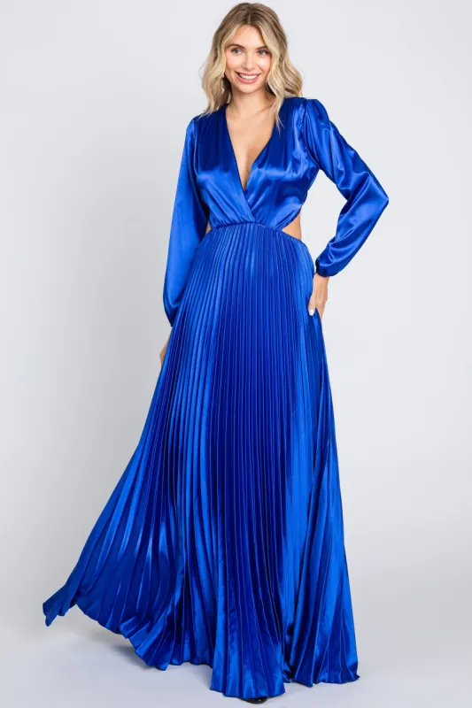 Royal Blue Satin Low Back Cutout Pleated Maxi Dress sold by Pinkblush